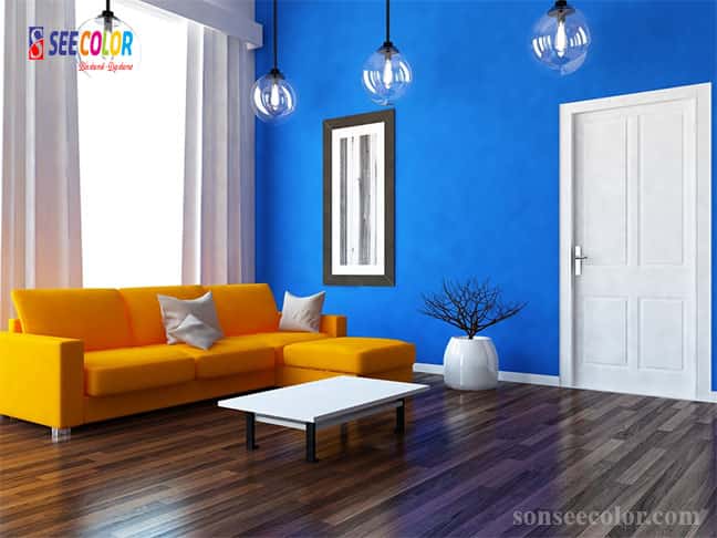 Màu sơn điểm nhấn tương phản với màu nội thất trong phòng khách
