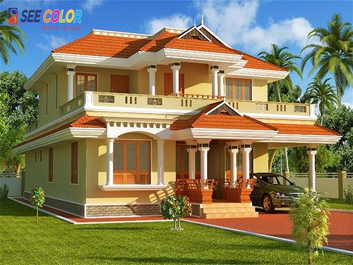 Ngôi nhà có ngói đỏ với sơn màu vàng nhạt gây ấn tượng đẹp 