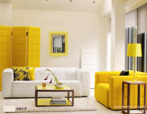 Sơn tường màu kem nhạt kết hợp với đồ đạc màu vàng cho người mệnh kim 